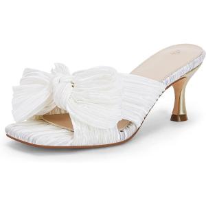 Coutgo Womens Bow Heeled Sandals Pleated Bowknot Heels Open Square Toe Cute Kitten Heel Mules Slip On Wedding Dress Shoes(White)