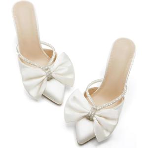 Coutgo Womens Bow Heels Mules Pointed Closed Toe Sandals Rhinestone Satin Backless Wedding Shoes(Beige)