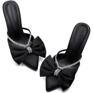 Coutgo Womens Bow Heels Mules Pointed Closed Toe Sandals Rhinestone Satin Backless Wedding Shoes(Black)