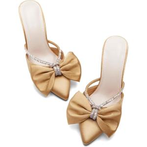 Coutgo Womens Bow Heels Mules Pointed Closed Toe Sandals Rhinestone Satin Backless Wedding Shoes(Brown)