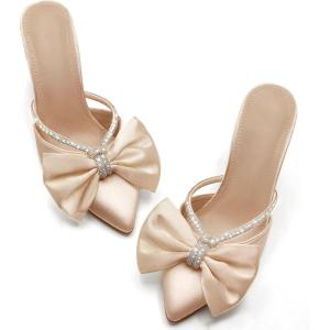 Coutgo Womens Bow Heels Mules Pointed Closed Toe Sandals Rhinestone Satin Backless Wedding Shoes(Light Khaki)
