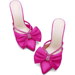 Coutgo Womens Bow Heels Mules Pointed Closed Toe Sandals Rhinestone Satin Backless Wedding Shoes(Rose Red)
