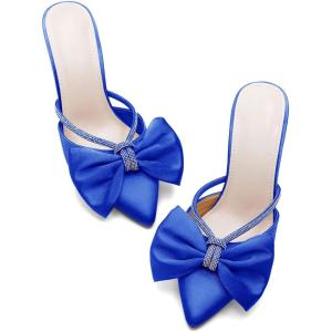 Coutgo Womens Bow Heels Mules Pointed Closed Toe Sandals Rhinestone Satin Backless Wedding Shoes(Royal Blue)