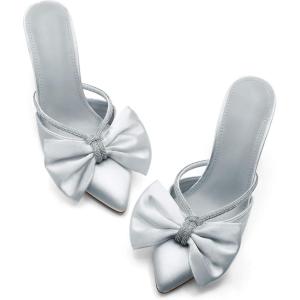 Coutgo Womens Bow Heels Mules Pointed Closed Toe Sandals Rhinestone Satin Backless Wedding Shoes(Silver)