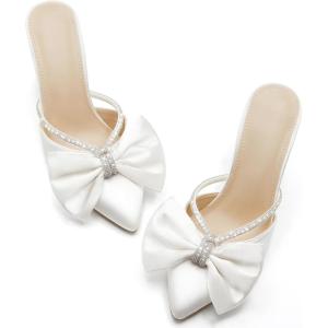 Coutgo Womens Bow Heels Mules Pointed Closed Toe Sandals Rhinestone Satin Backless Wedding Shoes(White)