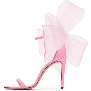 Coutgo Women’s Bow Heels Open Toe Stiletto Heels One Strap Party Summer High Heeled Sandals Asymmetric Non-Removable Bow Knot(Pink)