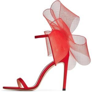 Coutgo Women’s Bow Heels Open Toe Stiletto Heels One Strap Party Summer High Heeled Sandals Asymmetric Non-Removable Bow Knot(Red)
