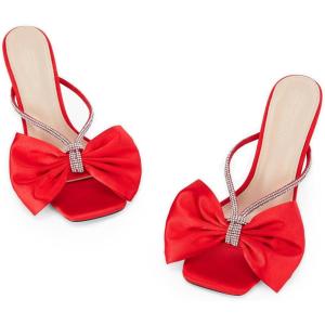 Coutgo Women’s Bow Heels Slip on Backless Mules Square Open Toe Heeled Sandals Rhinestone Stiletto Summer Dress Shoes, Red, Size 7