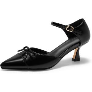 Coutgo Womens Bow Kitten Heels Low Heel Dress Shoes Closed Pointed Toe Ankle Strap D’Orsay Pumps(Black)