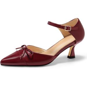 Coutgo Womens Bow Kitten Heels Low Heel Dress Shoes Closed Pointed Toe Ankle Strap D’Orsay Pumps(Burgundy)