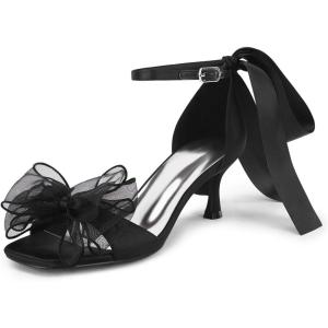 Coutgo Womens Bow Kitten Heels Sandals Square Open Toe Ankle Strap Satin Ribbon Wedding Dress Shoes(Black)