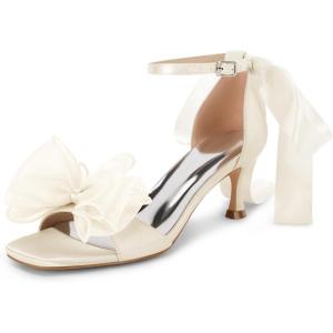 Coutgo Womens Bow Kitten Heels Sandals Square Open Toe Ankle Strap Satin Ribbon Wedding Dress Shoes(Champagne)