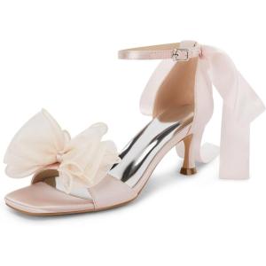 Coutgo Womens Bow Kitten Heels Sandals Square Open Toe Ankle Strap Satin Ribbon Wedding Dress Shoes(Pink)