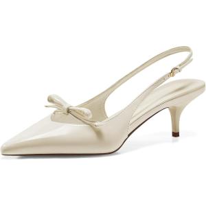 Coutgo Womens Bow Slingback Heels Low Kitten Heel Pumps Closed Pointed Toe Party Wedding Dress Shoes(Beige)