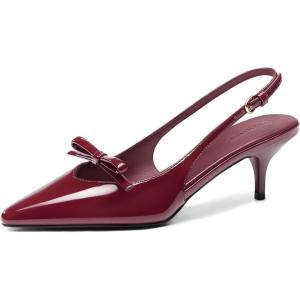 Coutgo Womens Bow Slingback Heels Low Kitten Heel Pumps Closed Pointed Toe Party Wedding Dress Shoes(Burgundy)