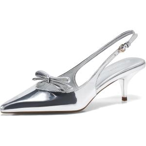 Coutgo Womens Bow Slingback Heels Low Kitten Heel Pumps Closed Pointed Toe Party Wedding Dress Shoes(Silver)