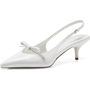 Coutgo Womens Bow Slingback Heels Low Kitten Heel Pumps Closed Pointed Toe Party Wedding Dress Shoes(White)