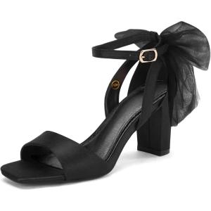 Coutgo Women’s Bow Tie Heeled Sandals Chunky Heels One Strap Satin Ankle Buckle Dress Wedding Shoes(Black)