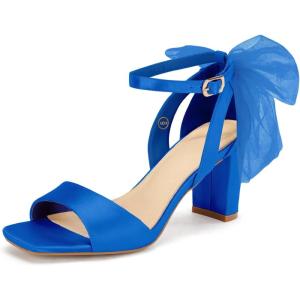 Coutgo Women’s Bow Tie Heeled Sandals Chunky Heels One Strap Satin Ankle Buckle Dress Wedding Shoes(Royal Blue)