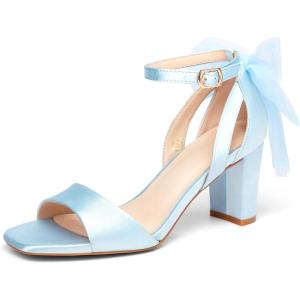Coutgo Women’s Bow Tie Heeled Sandals Chunky Heels One Strap Satin Ankle Buckle Dress Wedding Shoes(Sky Blue)
