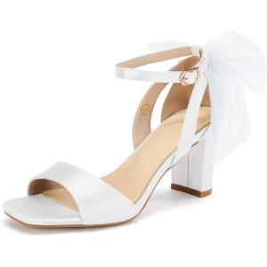 Coutgo Women’s Bow Tie Heeled Sandals Chunky Heels One Strap Satin Ankle Buckle Dress Wedding Shoes(White)