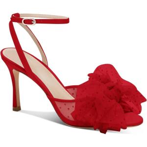 Coutgo Womens Bow Tie Heels Sandals Slingback Peep Toe Wedding Heels Mesh High Stiletto Heel Summer Cute Wedding Bridal Shoes(Red)