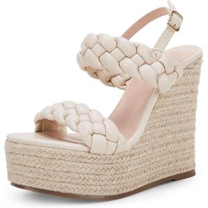 Coutgo Women’s Braided Espadrille Platform Wedge Sandals Open Toe Two Strap Ankle Buckle Summer Shoes(Beige)