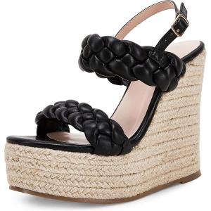 Coutgo Women’s Braided Espadrille Platform Wedge Sandals Open Toe Two Strap Ankle Buckle Summer Shoes(Black)