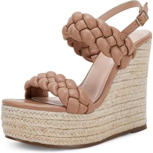 Coutgo Women’s Braided Espadrille Platform Wedge Sandals Open Toe Two Strap Ankle Buckle Summer Shoes(Khaki)