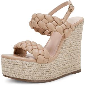 Coutgo Women’s Braided Espadrille Platform Wedge Sandals Open Toe Two Strap Ankle Buckle Summer Shoes(Tan)