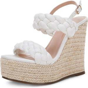 Coutgo Women’s Braided Espadrille Platform Wedge Sandals Open Toe Two Strap Ankle Buckle Summer Shoes(White)