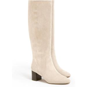 Coutgo Womens Chunky Heel Knee High Boots Suede Round Toe Fall Winter Tall Boots with Side Zipper(Beige)