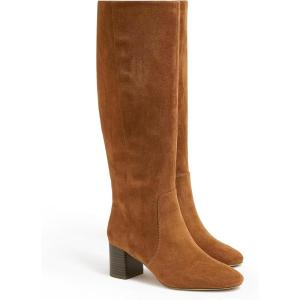 Coutgo Womens Chunky Heel Knee High Boots Suede Round Toe Fall Winter Tall Boots with Side Zipper(Brown)