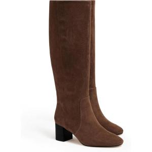 Coutgo Womens Chunky Heel Knee High Boots Suede Round Toe Fall Winter Tall Boots with Side Zipper(Coffee)