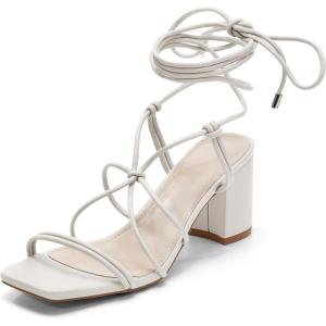 Coutgo Women’s Chunky Heel Sandals Lace Up Heels Square Toe Strappy Straps Party Shoes(Beige)