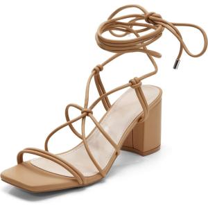 Coutgo Women’s Chunky Heel Sandals Lace Up Heels Square Toe Strappy Straps Party Shoes(Brown)