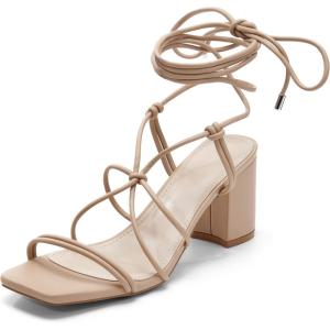 Coutgo Women’s Chunky Heel Sandals Lace Up Heels Square Toe Strappy Straps Party Shoes(Light Khkai)