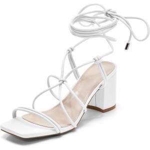 Coutgo Women’s Chunky Heel Sandals Lace Up Heels Square Toe Strappy Straps Party Shoes(White)