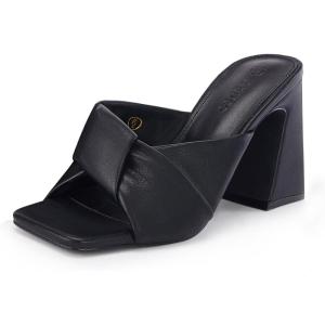 Coutgo Womens Chunky Heeled Mules Puffy Knot Square Open Toe Slip On Sandals Summer Evening Party Prom Shoes(Black)
