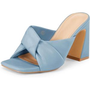 Coutgo Womens Chunky Heeled Mules Puffy Knot Square Open Toe Slip On Sandals Summer Evening Party Prom Shoes(Blue)