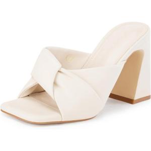 Coutgo Womens Chunky Heeled Mules Puffy Knot Square Open Toe Slip On Sandals Summer Evening Party Prom Shoes(White)