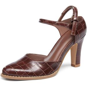 Coutgo Womens Chunky High Heels Closed Pointed Toe Ankle Strap Pumps Vintage D’Orsay Dress Party Shoes(Coffee)