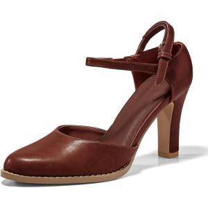 Coutgo Womens Chunky High Heels Closed Pointed Toe Ankle Strap Pumps Vintage D’Orsay Dress Party Shoes(Red-brown)