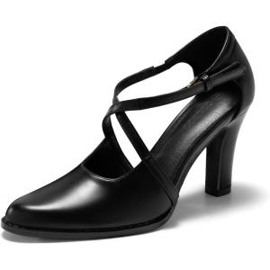 Coutgo Womens Chunky High Heels Dress Shoes Closed Pointed Toe Cross Strap Buckle Pumps Vintage D’Orsay Party Shoes(Black)