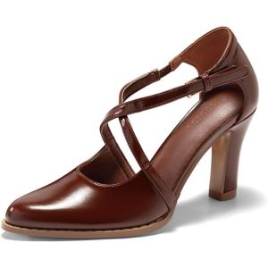 Coutgo Womens Chunky High Heels Dress Shoes Closed Pointed Toe Cross Strap Buckle Pumps Vintage D’Orsay Party Shoes(Red-brown)