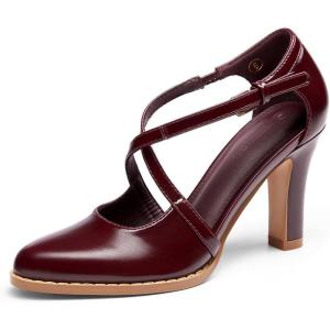 Coutgo Womens Chunky High Heels Dress Shoes Closed Pointed Toe Cross Strap Buckle Pumps Vintage D’Orsay Party Shoes(Wine Red)