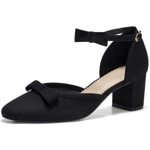Coutgo Womens Chunky Low Heels Bow Closed Toe Ankle Strap Pumps Elegant Wedding Party Dress Shoes(Black)