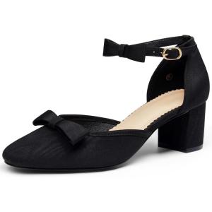 Coutgo Womens Chunky Low Heels Bow Closed Toe Ankle Strap Pumps Elegant Wedding Party Dress Shoes(Cool Black)