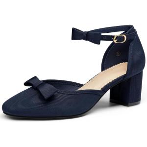Coutgo Womens Chunky Low Heels Bow Closed Toe Ankle Strap Pumps Elegant Wedding Party Dress Shoes(Dark Blue)