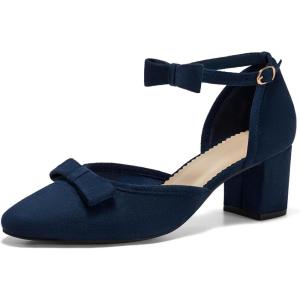Coutgo Womens Chunky Low Heels Bow Closed Toe Ankle Strap Pumps Elegant Wedding Party Dress Shoes(Navy)